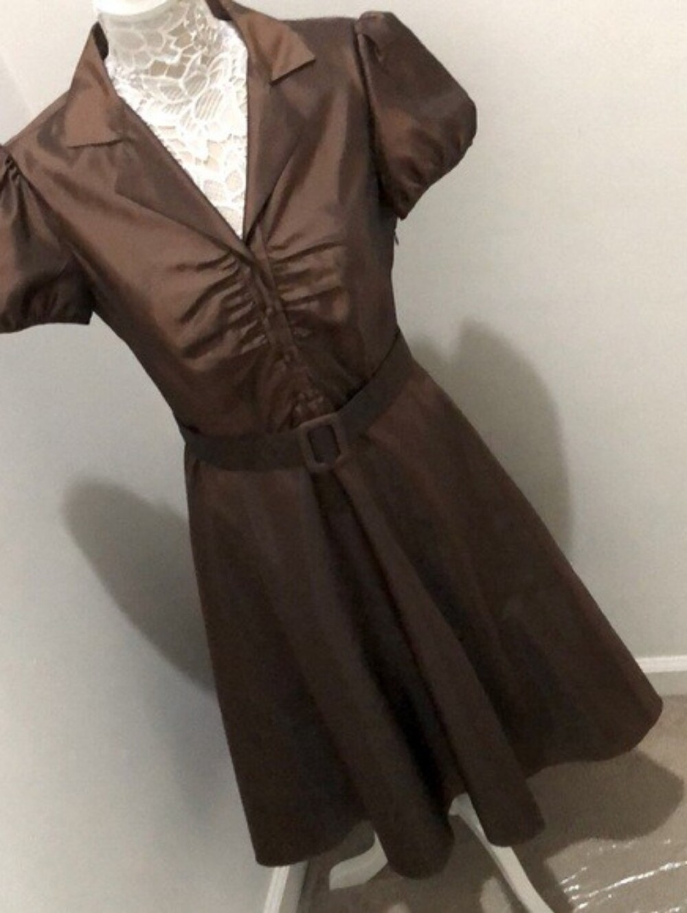 BCBG Satin Chocolate Brown Fit-and-Flare Dress